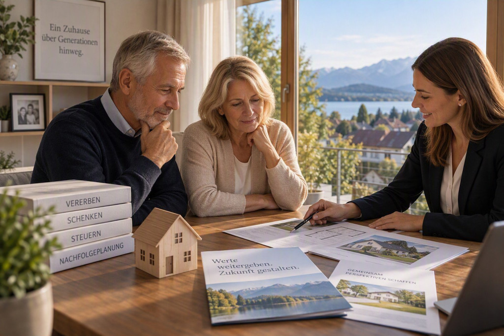 Eigent&uuml;mer planen gemeinsam mit einer Beraterin die zuk&uuml;nftige &Uuml;bertragung einer Immobilie. Das Bild veranschaulicht die Themen Schenkung, Vererbung und fr&uuml;hzeitige Nachfolgeplanung im Familienbesitz.