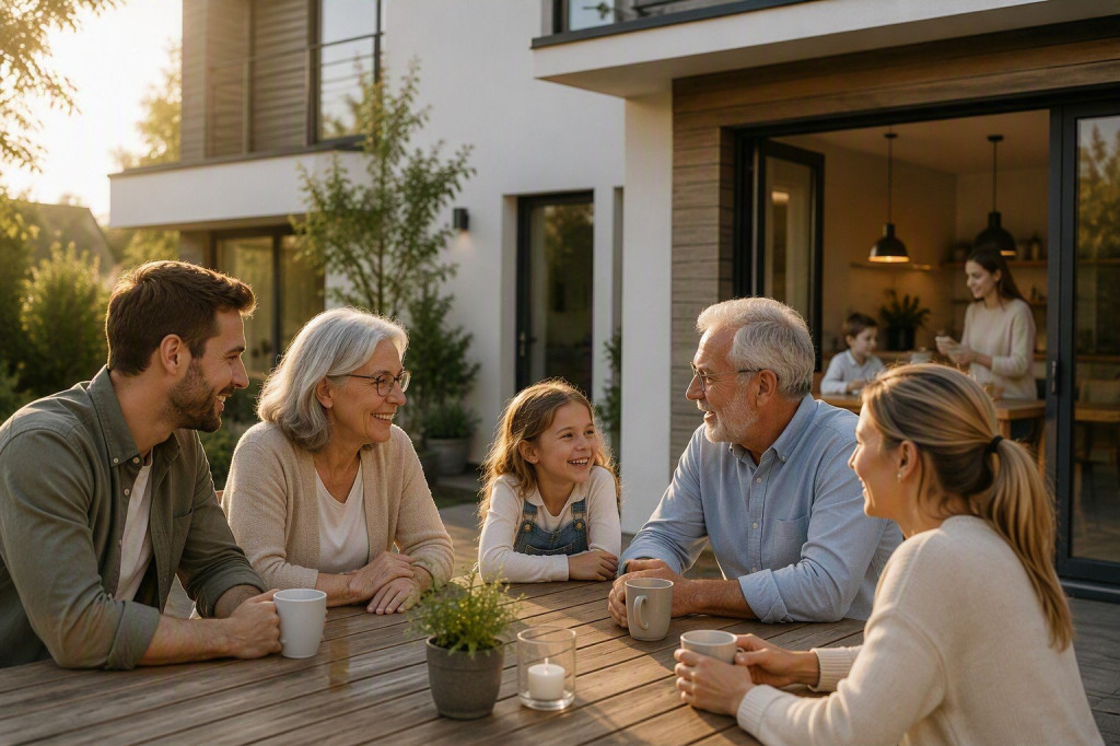 Mehrere Generationen sitzen gemeinsam an einem Tisch im Garten eines modernen Wohnhauses. Die Szene veranschaulicht das Konzept des Generationenwohnens, bei dem Familie, Gemeinschaft und selbstst&auml;ndiges Wohnen unter einem Dach miteinander verbunden werden.