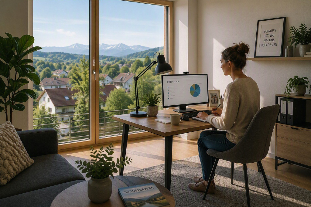 Modernes Homeoffice in einer Immobilie in S&uuml;dostbayern mit separatem Arbeitsbereich, gro&szlig;em Fenster und Blick ins Alpenvorland. Das Bild zeigt, wie flexible Wohnkonzepte Wohnen und Arbeiten von zu Hause miteinander verbinden.