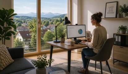 Modernes Homeoffice in einer Immobilie in Südostbayern mit separatem Arbeitsbereich, großem Fenster und Blick ins Alpenvorland. Das Bild zeigt, wie flexible Wohnkonzepte Wohnen und Arbeiten von zu Hause miteinander verbinden.