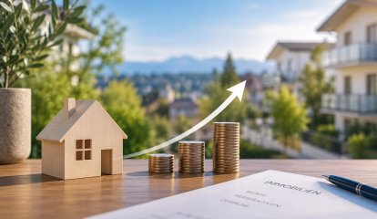 Eigentümer und Immobilienberater analysieren Exposé, Marktwertanalyse und Immobilienfotos. Die Darstellung zeigt die Bedeutung von Preisstrategie, professioneller Vermarktung und Zielgruppenansprache für einen erfolgreichen Immobilienverkauf.