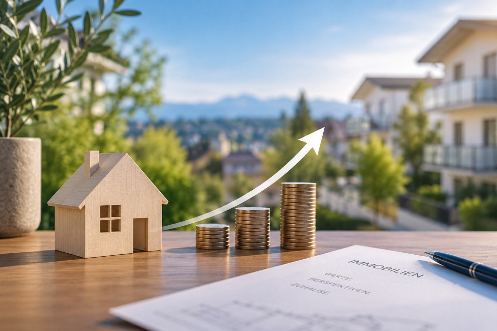 Eigent&uuml;mer und Immobilienberater analysieren Expos&eacute;, Marktwertanalyse und Immobilienfotos. Die Darstellung zeigt die Bedeutung von Preisstrategie, professioneller Vermarktung und Zielgruppenansprache f&uuml;r einen erfolgreichen Immobilienverkauf.
