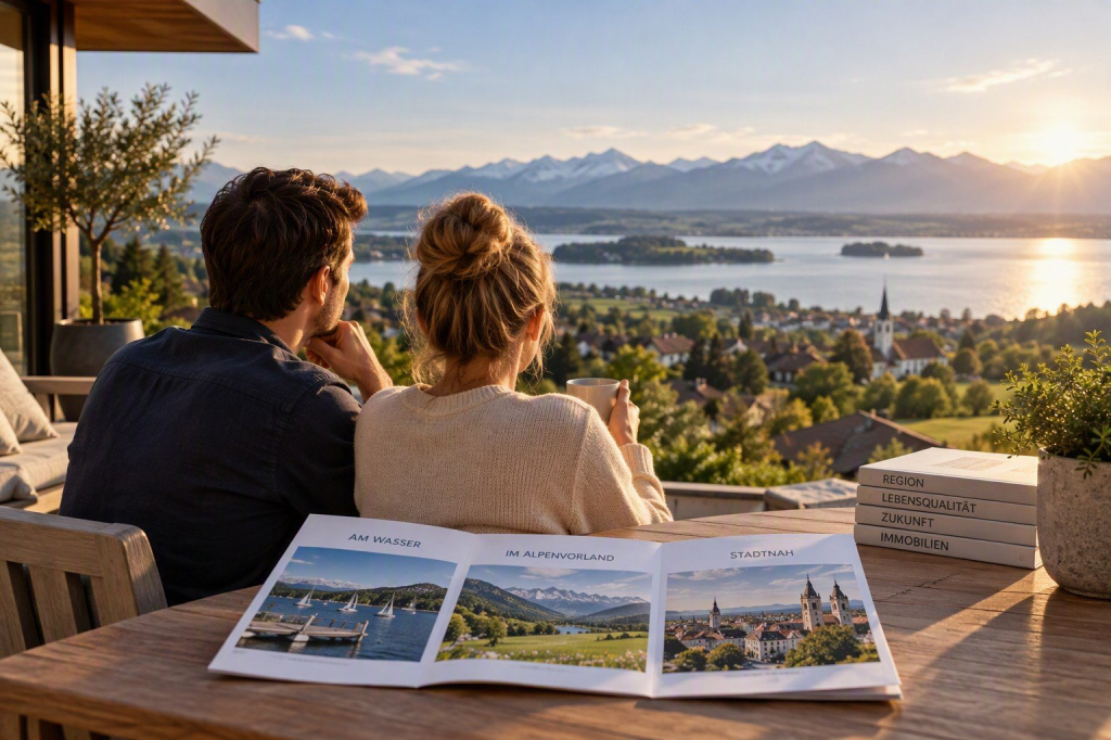 Blick auf eine Wohnlage in S&uuml;dostbayern mit See, Alpenpanorama und gewachsener Infrastruktur. Das Bild zeigt, wie unterschiedliche Lagepr&auml;ferenzen den Wohnwert und die langfristige Attraktivit&auml;t einer Immobilie beeinflussen.